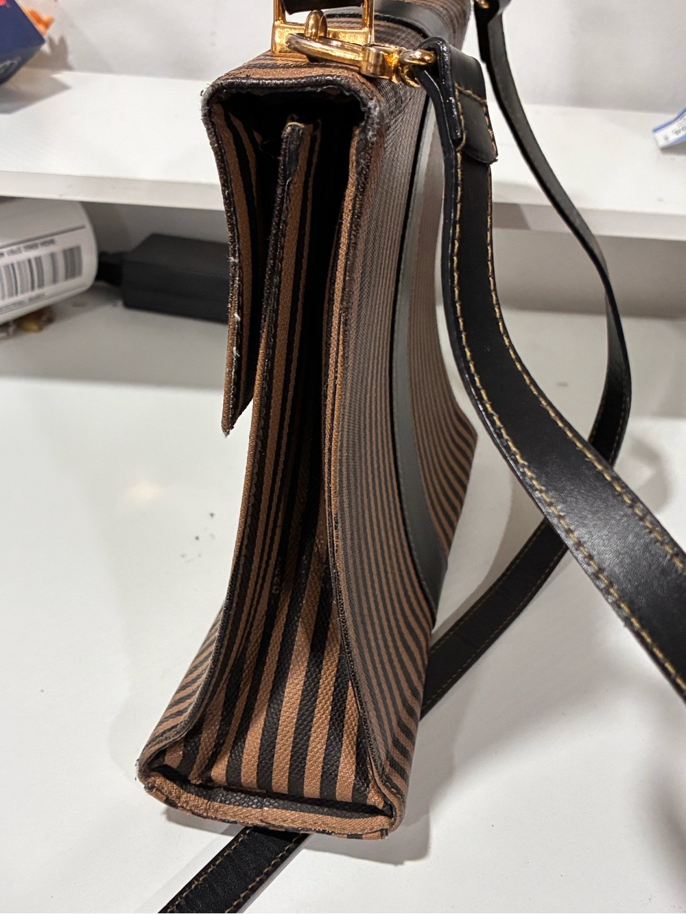 Fendi Pequin Vintage Top Handle Black Brown Striped Crossbody Bag - Picture 5 of 8